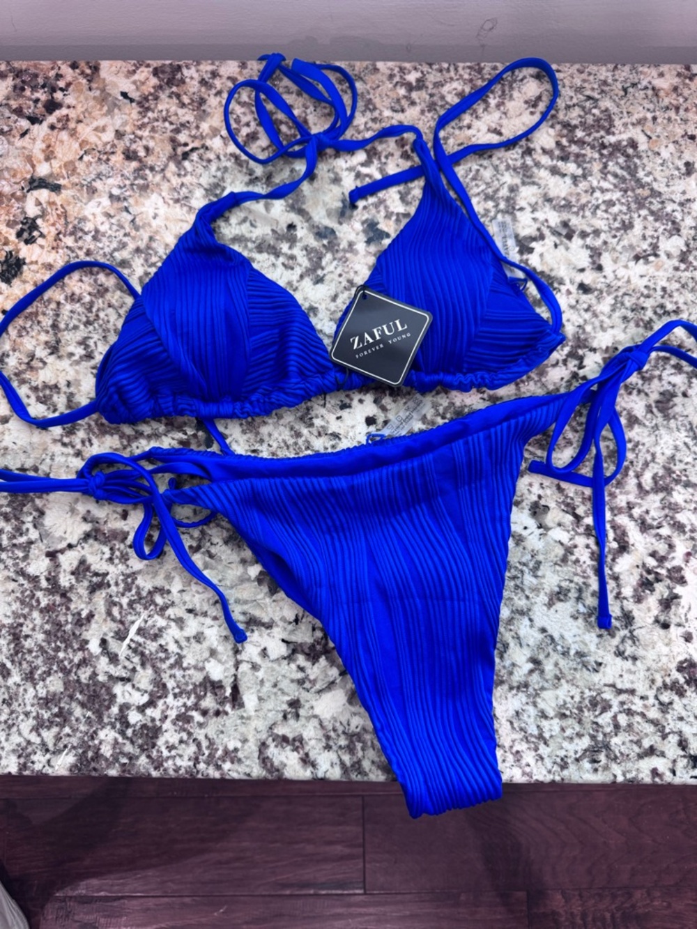NWT Size XL - Zaful Royal Blue Ribbed String Bikini Set